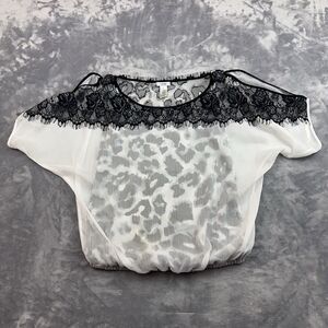 CACHE Blouse Women's Size Medium Black white Lace Trim Layered Animal Print